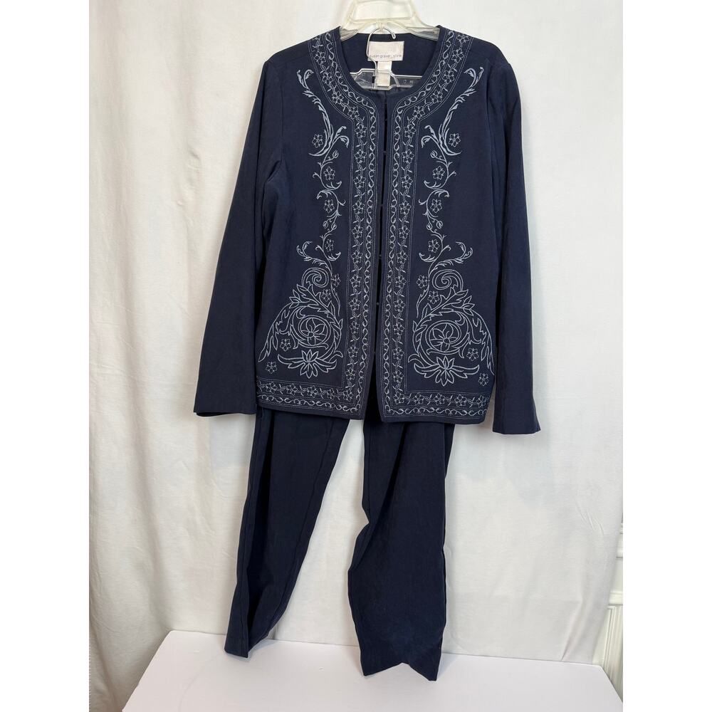 Susan Graver 2 Piece Set Navy Embroidered Jacket Pants Women Large